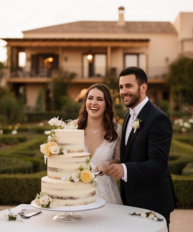 Pareja recién casada junto a una tarta semi naked con flores en una hacienda de Murcia
