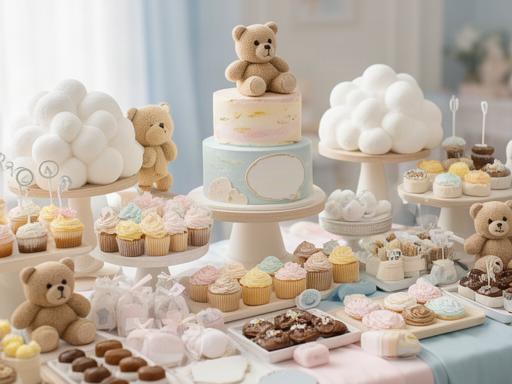 Mesa dulce de baby shower en Murcia con ositos, nubes de merengue y decoración pastel