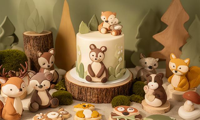 Mesa dulce pequeña con tarta de animalitos, galletas y decoración de bosque para bebé