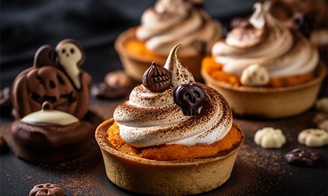 Mini tartas espectrales de Halloween con merengue tostado y detalles de chocolate sobre una bandeja oscura en Murcia