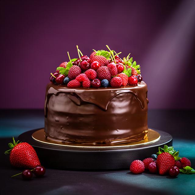 Tarta de chocolate y frutos rojos iluminada para una sesión de fotografía gastronómica en Murcia