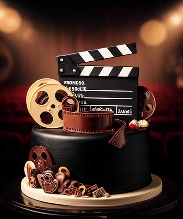 Tarta temática de cine con claqueta y carrete elaborados en chocolate
