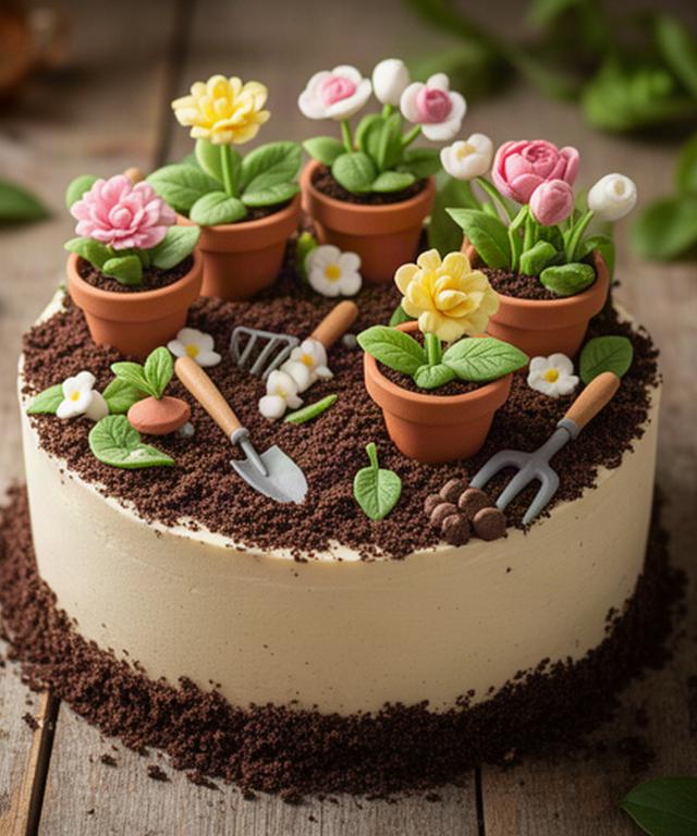 Tarta temática de jardinería con macetas y flores modeladas a mano